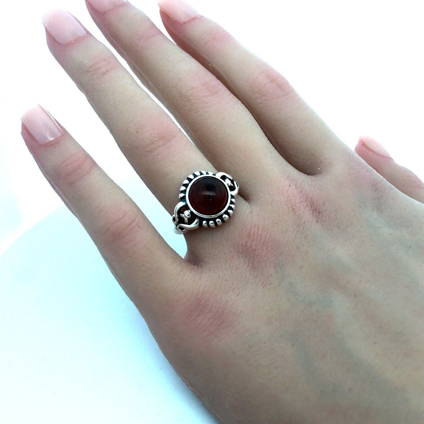 925 Sterling Silver Vintage V-8 Round Cabochon Orange Amber Cocktail Ring