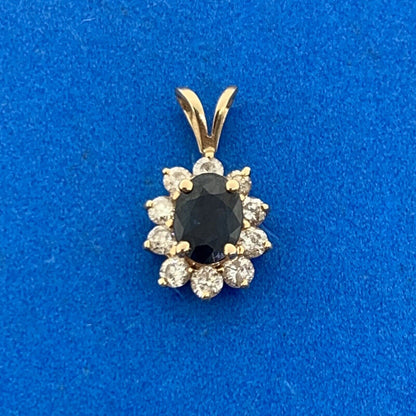 14K Yellow Gold Oval Blue Sapphire Diamond Halo Pendant