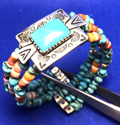 Native American Signer 925 Sterling Silver Turquoise & Shell Beaded Bracelet