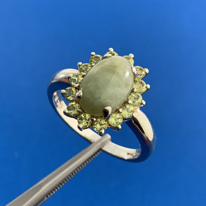 Designer 925 Sterling Silver Oval Jade Cabochon Round Peridot Halo Cocktail Ring