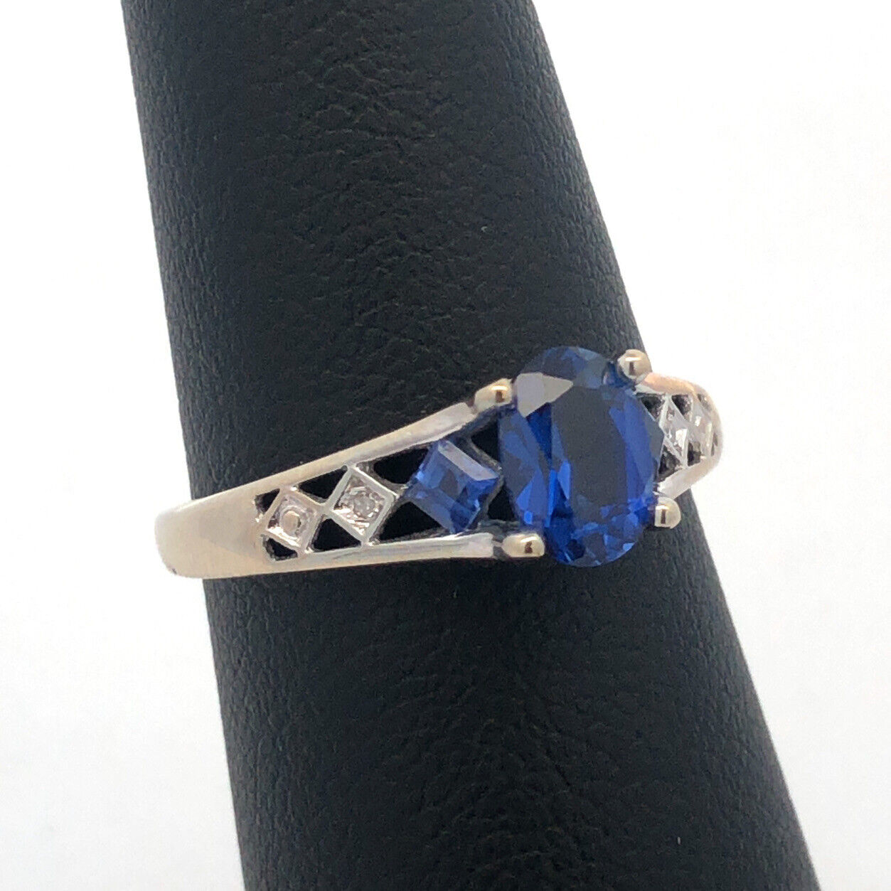 Designer 10K White Gold Oval Blue Sapphire Round Diamond Accented Ring