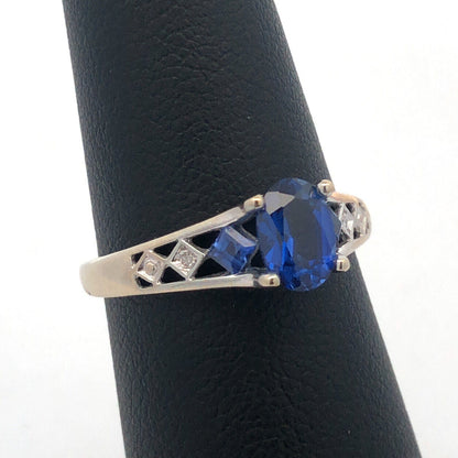 Designer 10K White Gold Oval Blue Sapphire Round Diamond Accented Ring