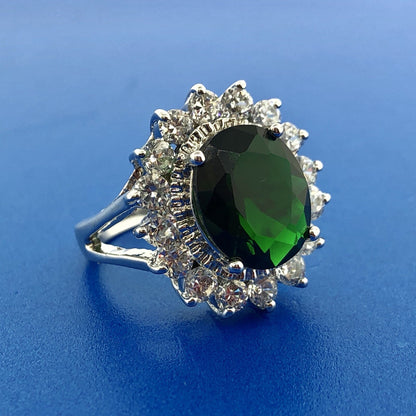 Retro Sterling Silver 925 Green White CZ Statement Fashion Cocktail Ring