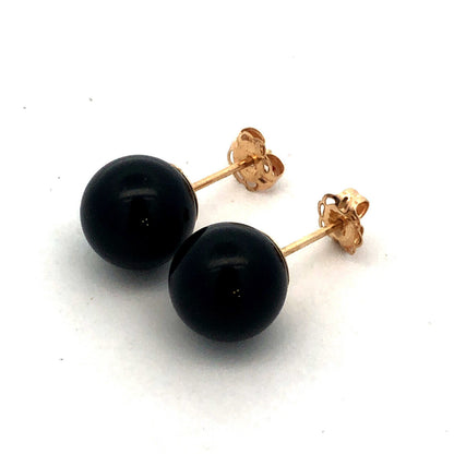 Gorgeous 14k Yellow Gold Onyx Black Sphere Bead Stud Earrings w/ Friction Backs