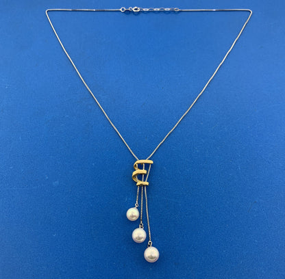 Designer 18K White Yellow Gold Pearl Trio Modernist Abstract Two Toned Necklace