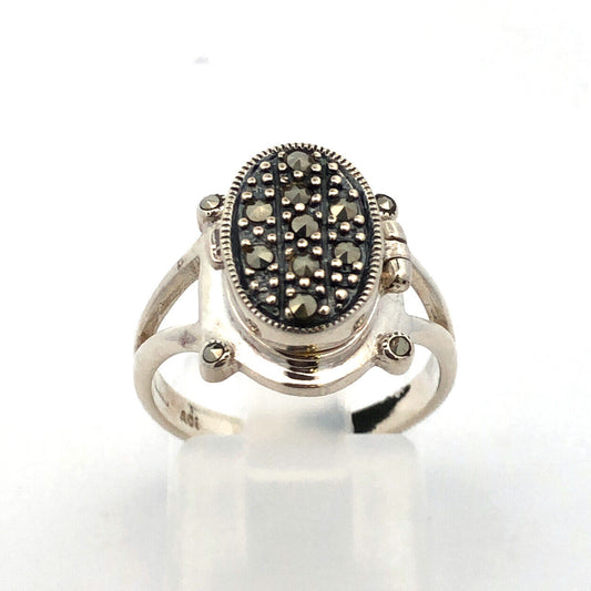 Vintage Designer 925 Sterling Silver Marcasite Oval Pill Box Ring