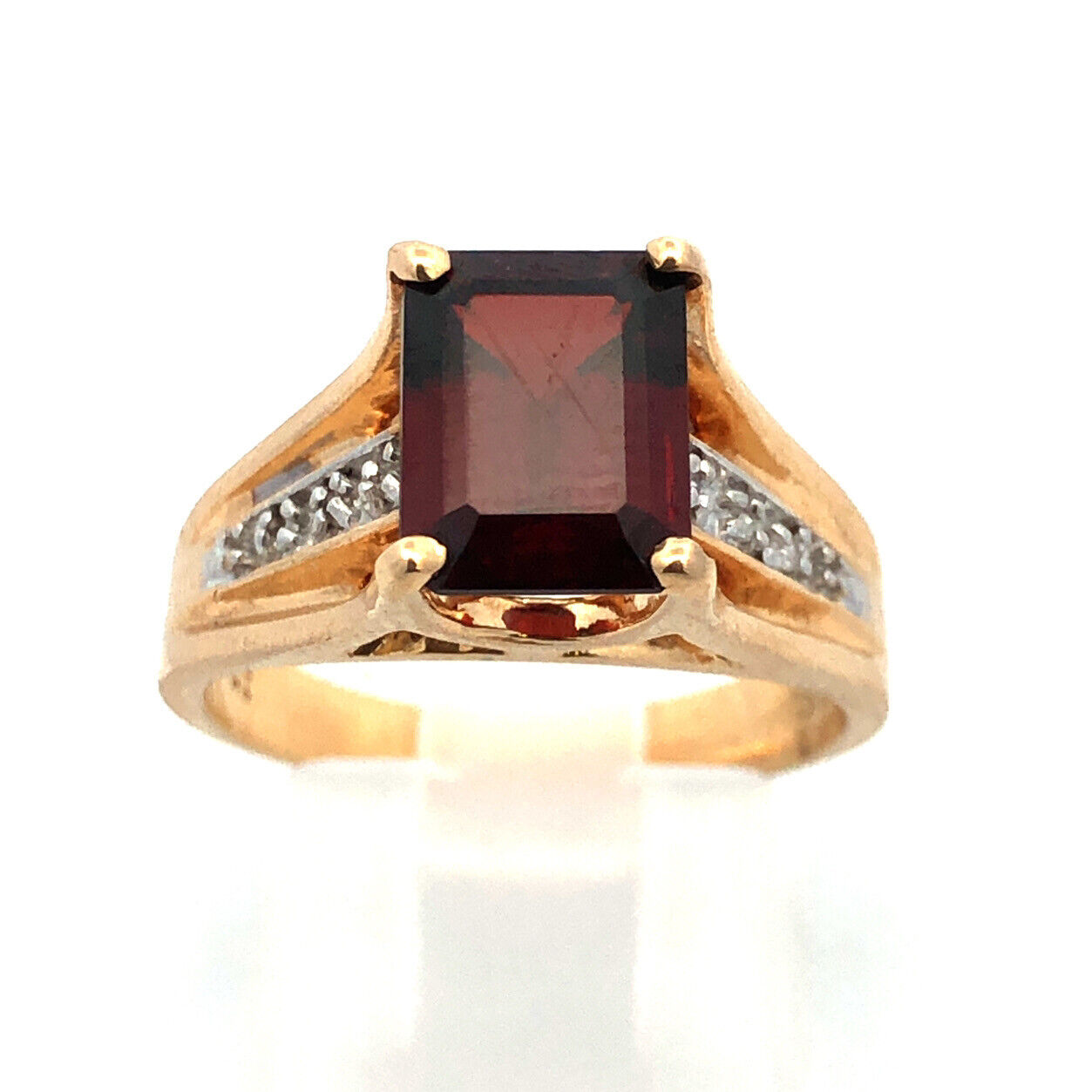Designer 14K Yellow Gold Emerald Cut Garnet Round Diamond Accent Cocktail Ring