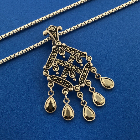Marcasite Sterling Silver 925 Art Deco Style Dangle Pendant Enhancer Necklace