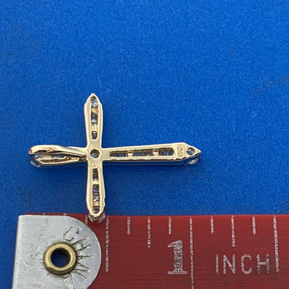 Designer 14K Yellow Gold Round And Baguette Diamond Cross Pendant