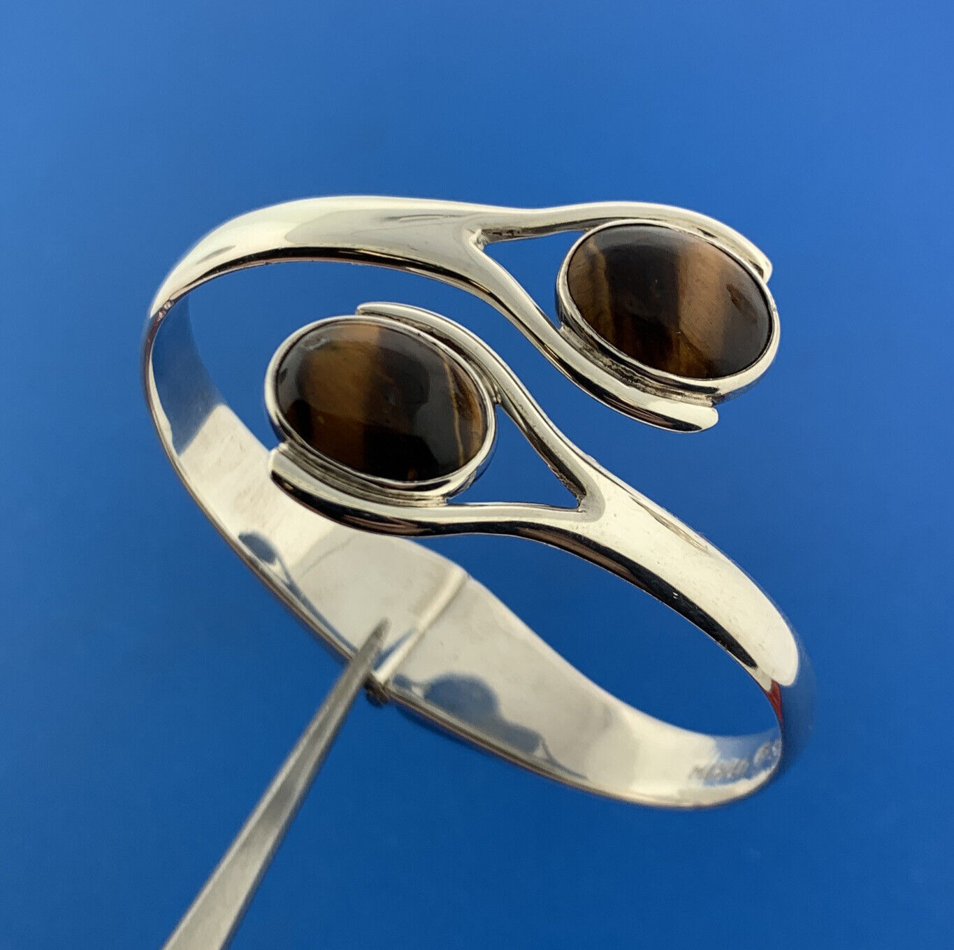 Mexican Sterling Silver 925 Tiger Eye's Quartz Bypass 6" Hinged Cuff Bracelet