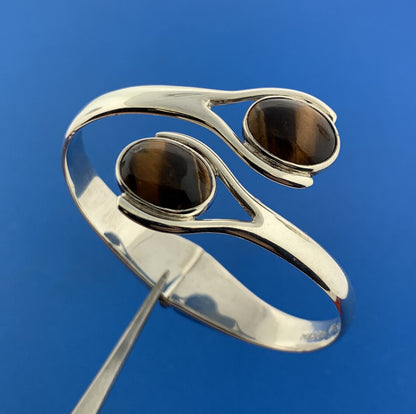 Mexican Sterling Silver 925 Tiger Eye's Quartz Bypass 6" Hinged Cuff Bracelet