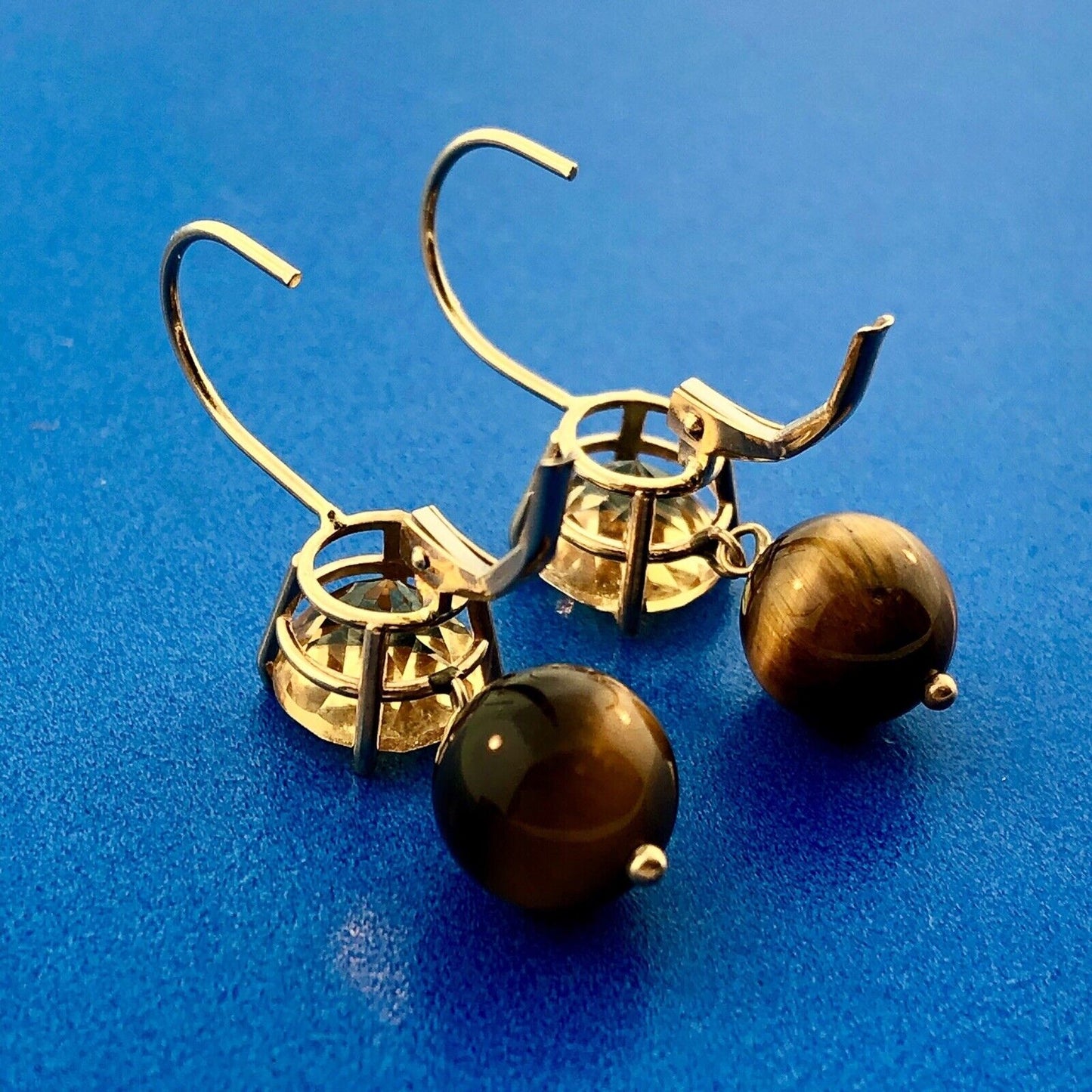 Vintage 14K Yellow Gold Citrine Solitaire Tigers Eye Ball Drop Dangle Earrings