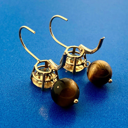 Vintage 14K Yellow Gold Citrine Solitaire Tigers Eye Ball Drop Dangle Earrings