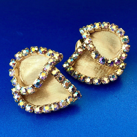 Fantastic Mid Century Gold Tone Florentine Aurora Borealis Rhinestone Earrings