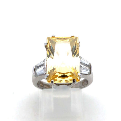 Designer CWE 925 Sterling Silver Radiant Emerald Lemon Quartz CZ Accent Ring