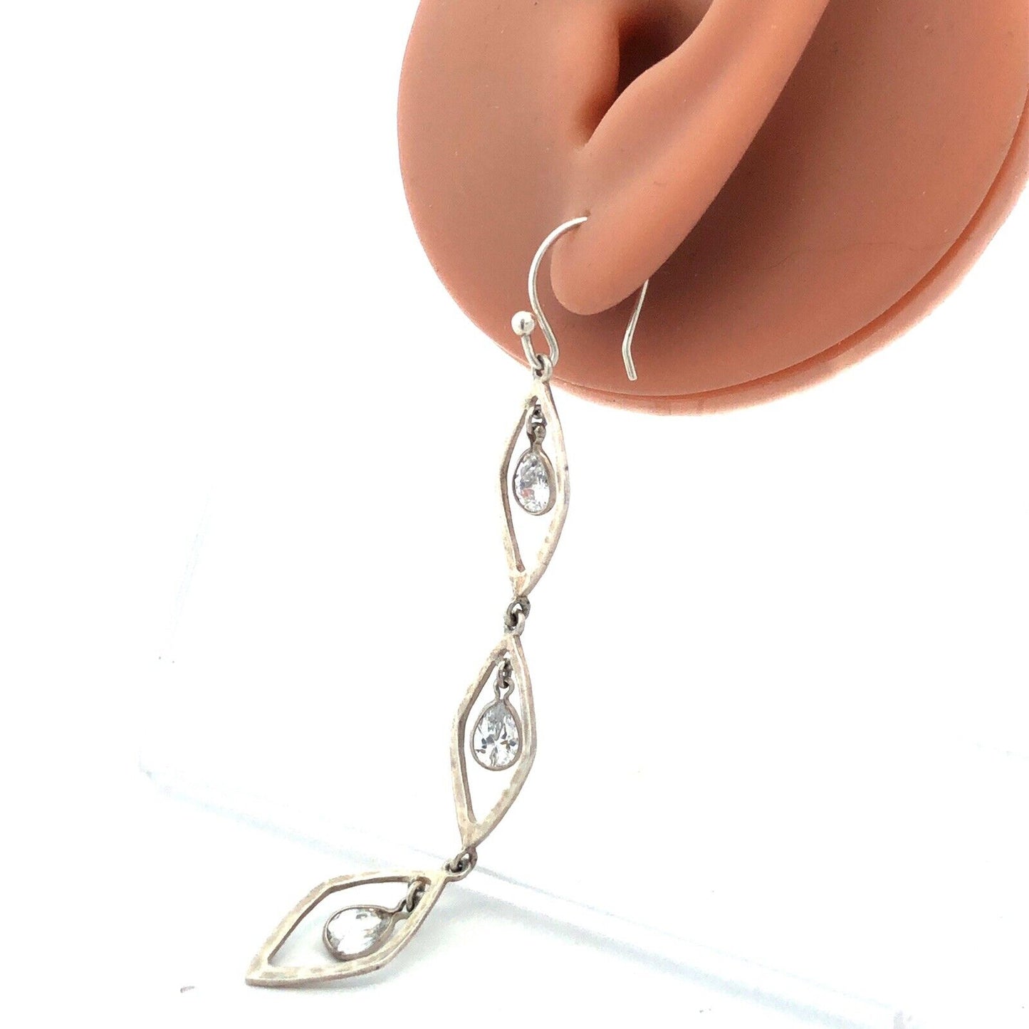 Estate 925 Sterling Silver Pear Cubic Zirconia CZ Oval Modernist Dangle Earrings