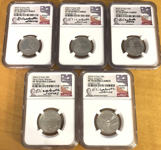 2022 S Clad 25C American Women PF 70 Signed Elizabeth Jones 5 Coin Quarter Set
