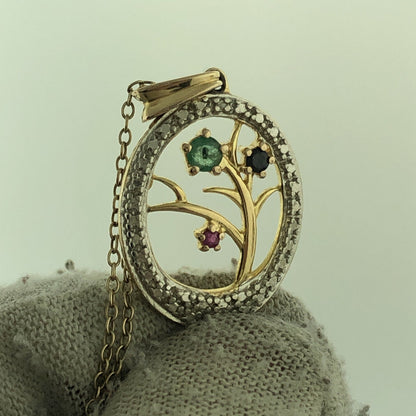 Sterling Silver Vermeil Two Tone Emerald Sapphire Ruby Mothers Pendant Necklace