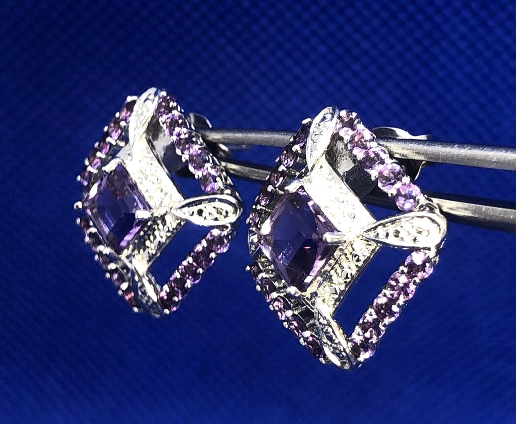 Purple Amethyst 925 Sterling Silver Square Statement Stud Earrings
