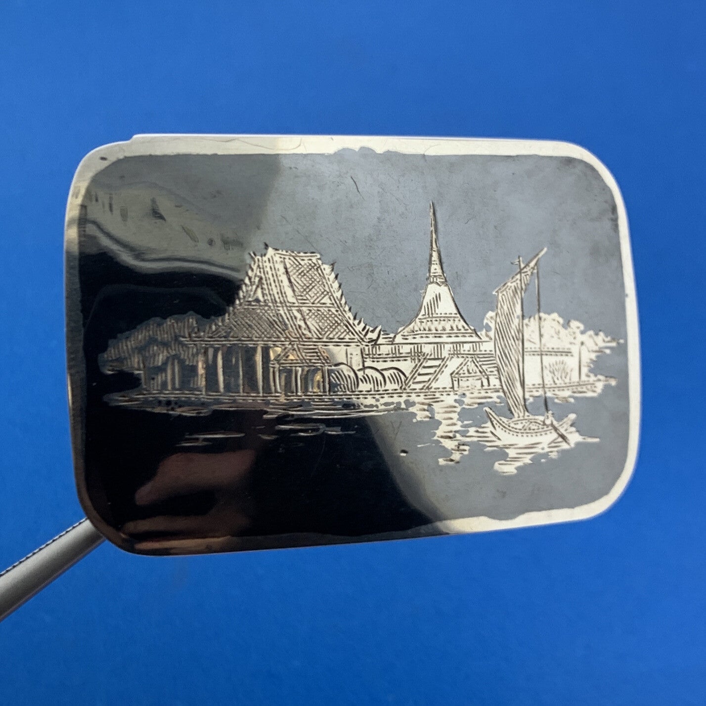 Vintage Sterling Silver SIAM NIELLOWARE Buildings Belt Buckle