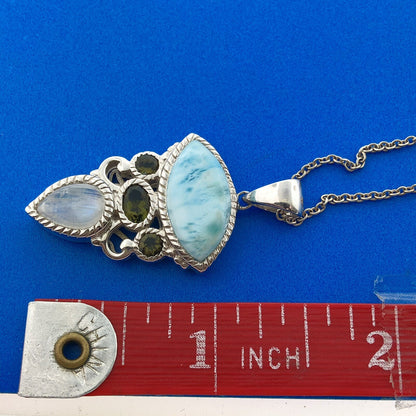 Designer Sterling Silver 925 Blue Agate Peridot Moonstone Drop Pendant Necklace