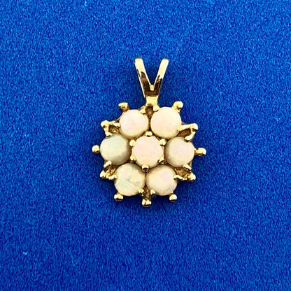 Vintage 14K Yellow Gold Opal Flower Cluster October Anniversary Charm Pendant