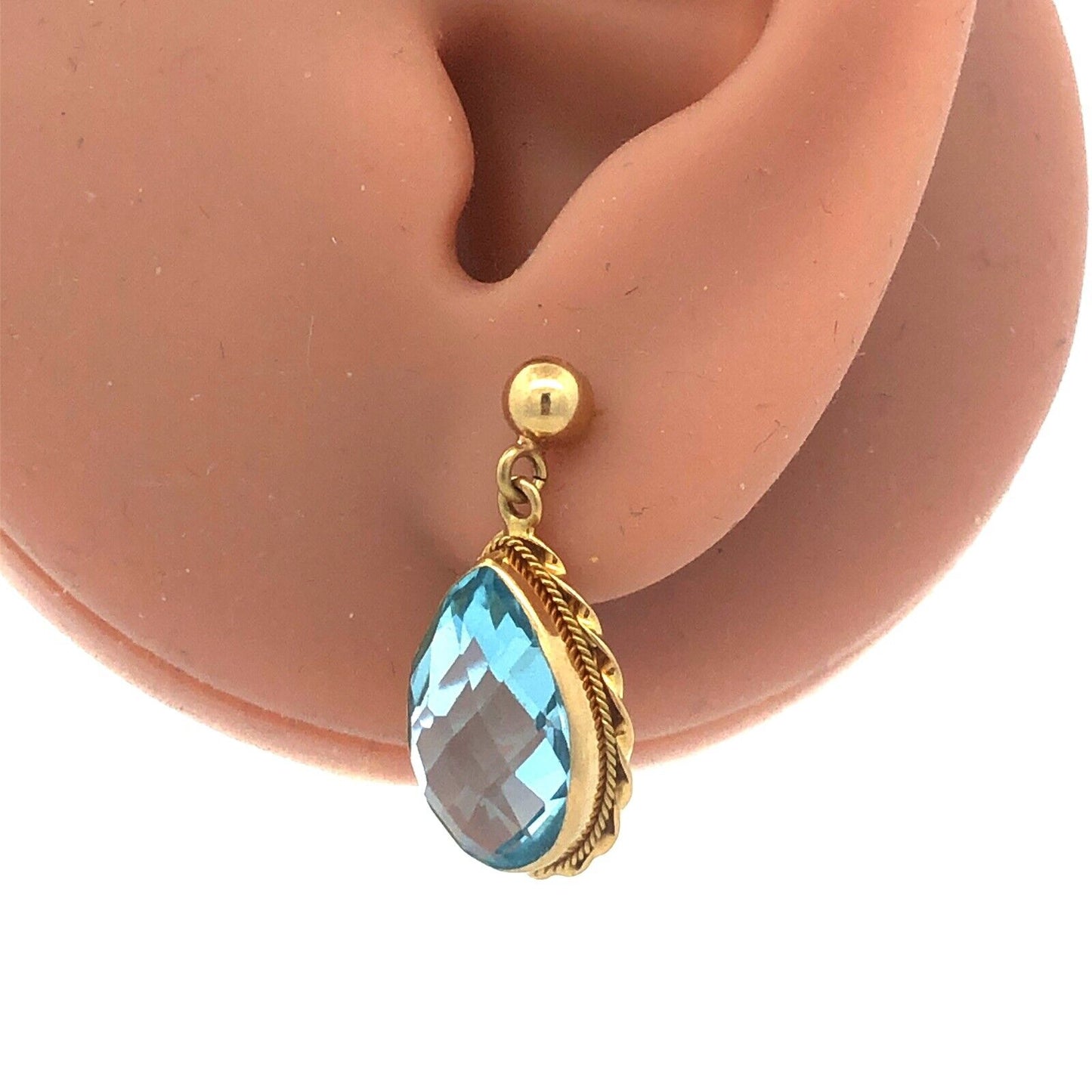 Designer Italy 18K Yellow Gold Pear Cushion Cut Blue Topaz Dangle Drop Earrings