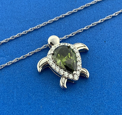 Karizia Spa Italy Sterling Silver Green Cubic Zirconia Turtle Pendant Necklace