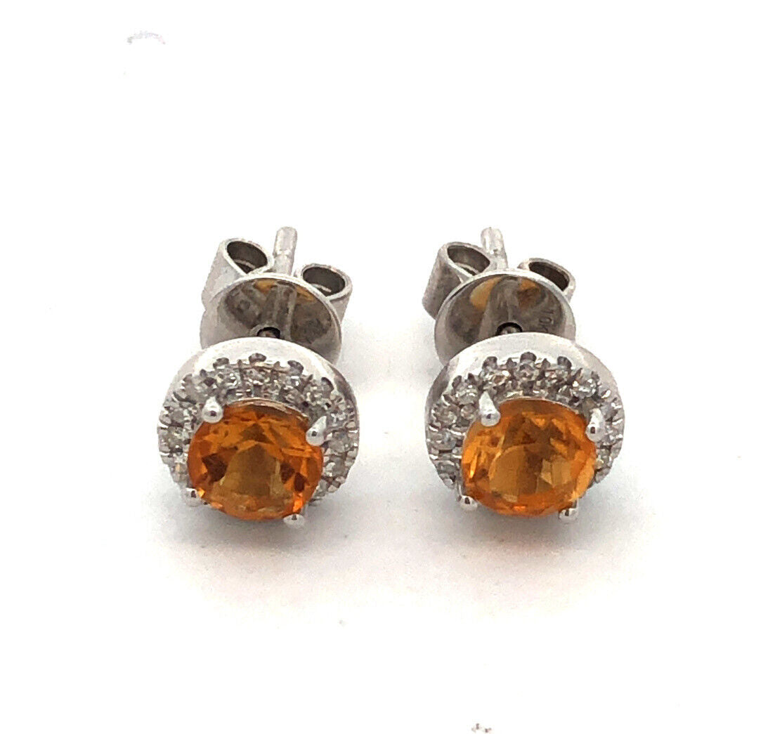 Designer 10K White Gold Round Citrine Diamond Halo Stud Earrings