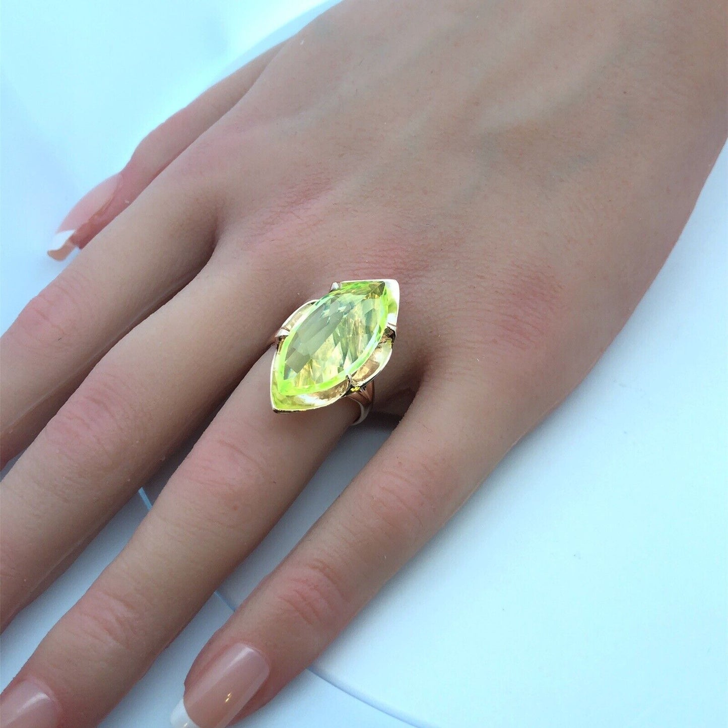 Vintage Custom 14K Yellow Gold Cushion Marquise Green Peridot Statement Ring