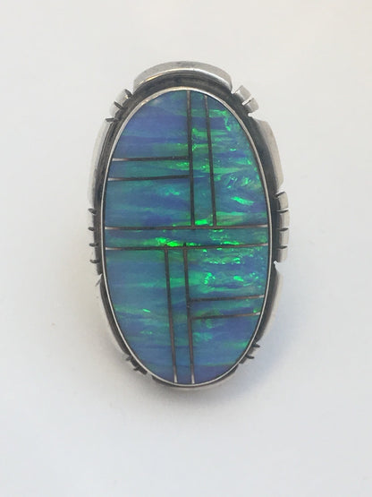Navajo James Shay JS Sterling Silver 925 Oval Fire Opal Inlay Statement Ring