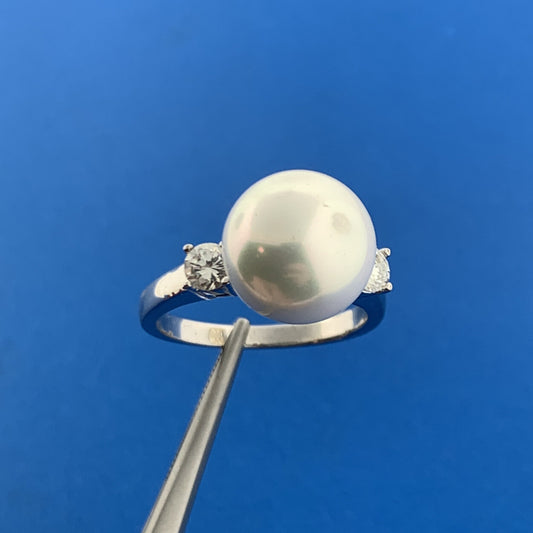 Stunning Sterling Silver 925 Faux Pearl Sparkling Round Cut CZ Ring Size 9