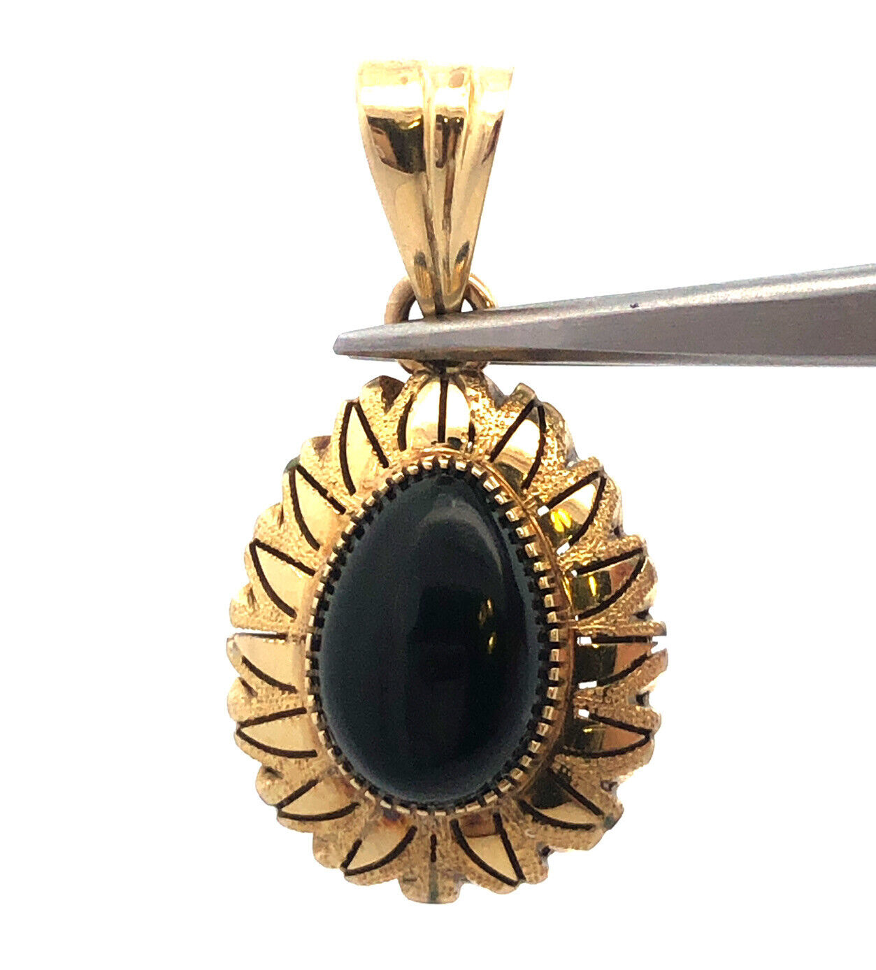 Vintage Mexico 14k Yellow Gold Black Onyx Pear Aztec Sunburst Drop Pendant