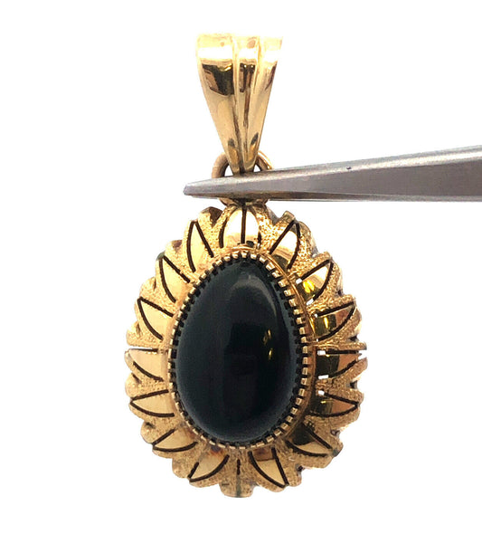 Vintage Mexico 14k Yellow Gold Black Onyx Pear Aztec Sunburst Drop Pendant