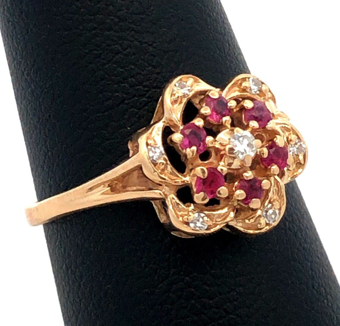 Designer HJW 14K Yellow Gold Round Diamond Ruby Flower Cocktail Ring