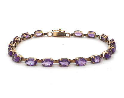 Vintage 10K Oval Amethyst Panel Bar Link February Anniversary Tennis Bracelet