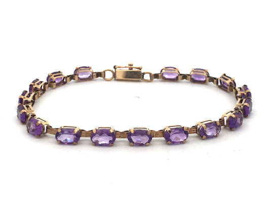 Vintage 10K Oval Amethyst Panel Bar Link February Anniversary Tennis Bracelet