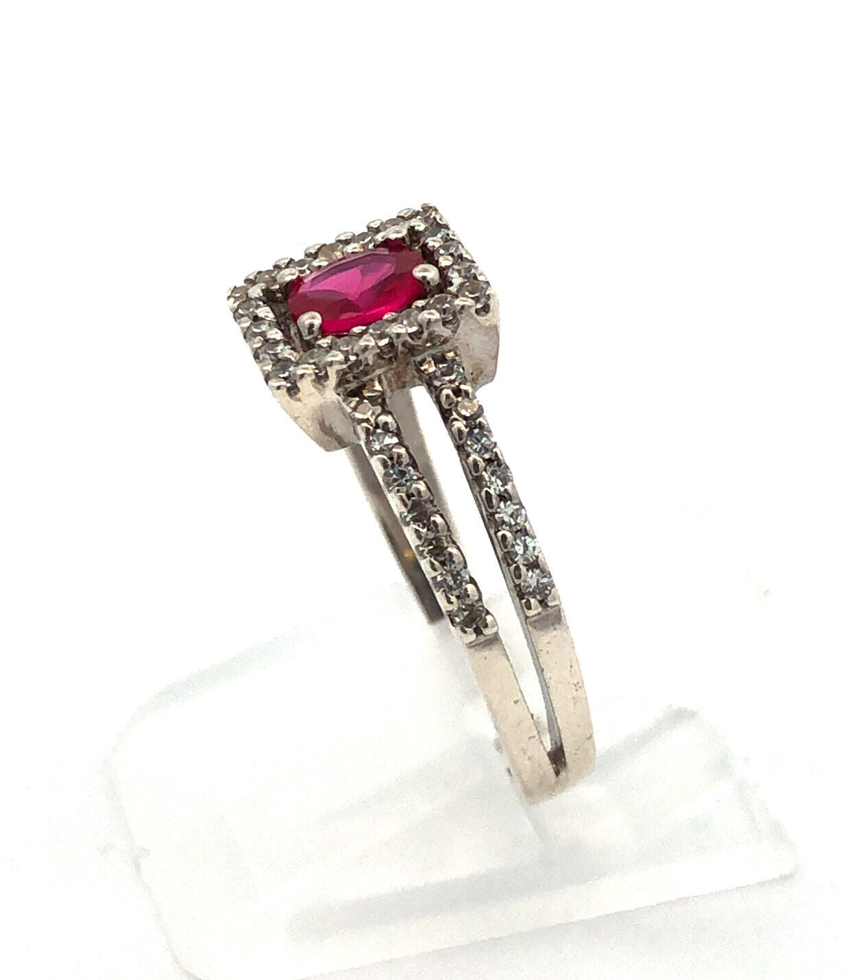 14K White Gold Lab Created Oval Ruby Round Pave Diamond Halo  Ring