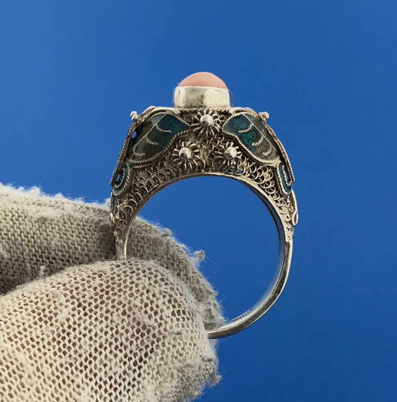 BJ China Sterling Silver 925 Pink Coral Cloisonne Statement Ring