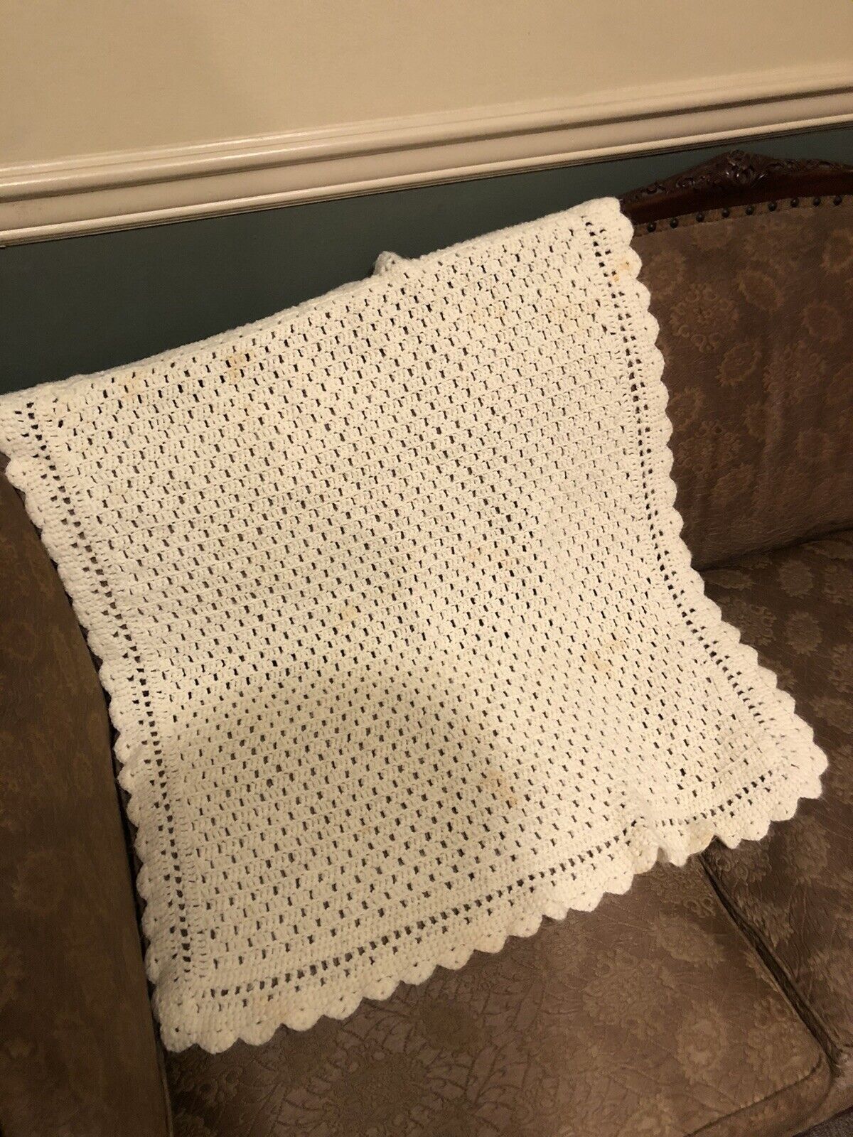 Hand Crocheted Knited Cream Colored Unisex Square Baby's Blanket
