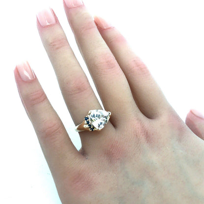 14K Yellow Gold Designer Trillion Cut White Topaz Blue Sapphire Accent Ring