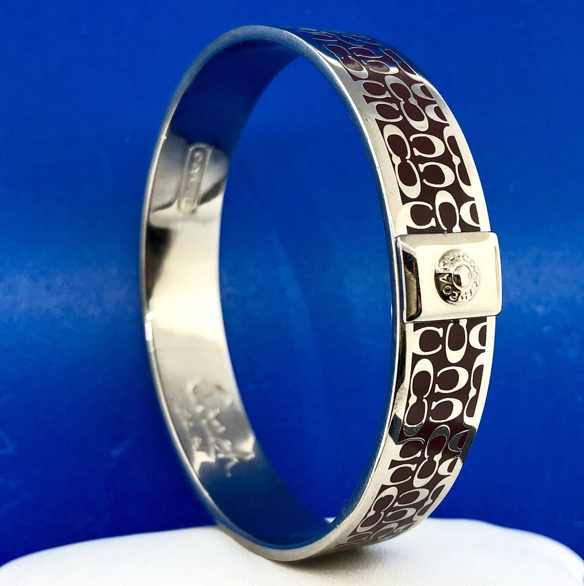 Authentic Coach Silver Tone Burgundy C Signature 1/2" Bangle Cuff Bracelet