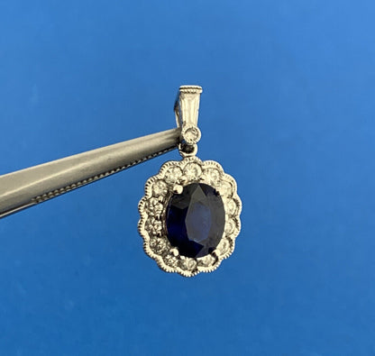18K White Gold Sapphire Diamond Halo September Anniversary Pendant