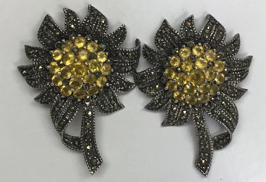 Art Deco Sterling Silver 925 Lemon Quartz Marcasite Sunflower Statement Earrings