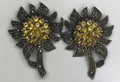 Art Deco Sterling Silver 925 Lemon Quartz Marcasite Sunflower Statement Earrings