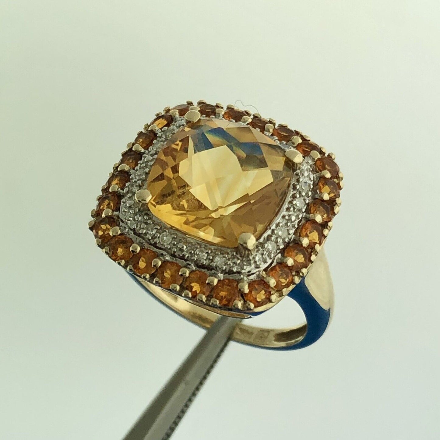 Designer 14K Yellow Gold Citrine Diamond Citrine Halo Statement Dome Ring Size 7