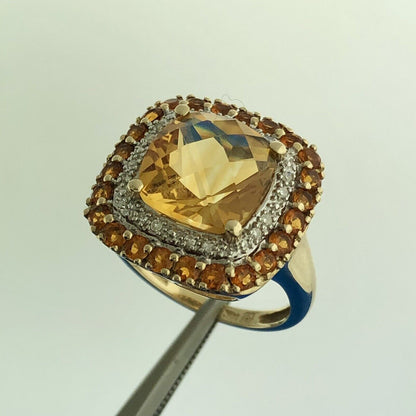 Designer 14K Yellow Gold Citrine Diamond Citrine Halo Statement Dome Ring Size 7