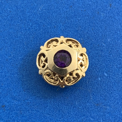 Designer 14K Yellow Gold Round Amethyst Floral Scroll Slide Bracelet Charm