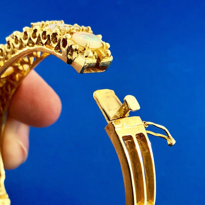 Vintage Jack Gutschneider 14k Yellow Gold Filigree Opal Diamond Cuff Bracelet