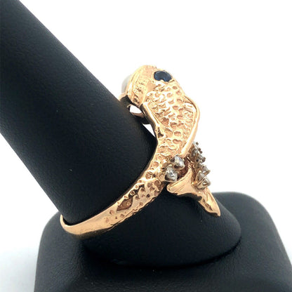 Vintage 14K Yellow Gold Diamond Pearl Blue Sapphire Fish Bypass Ring